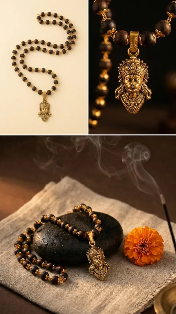 Hanuman Ji pendant with Karungali brass-caps mala