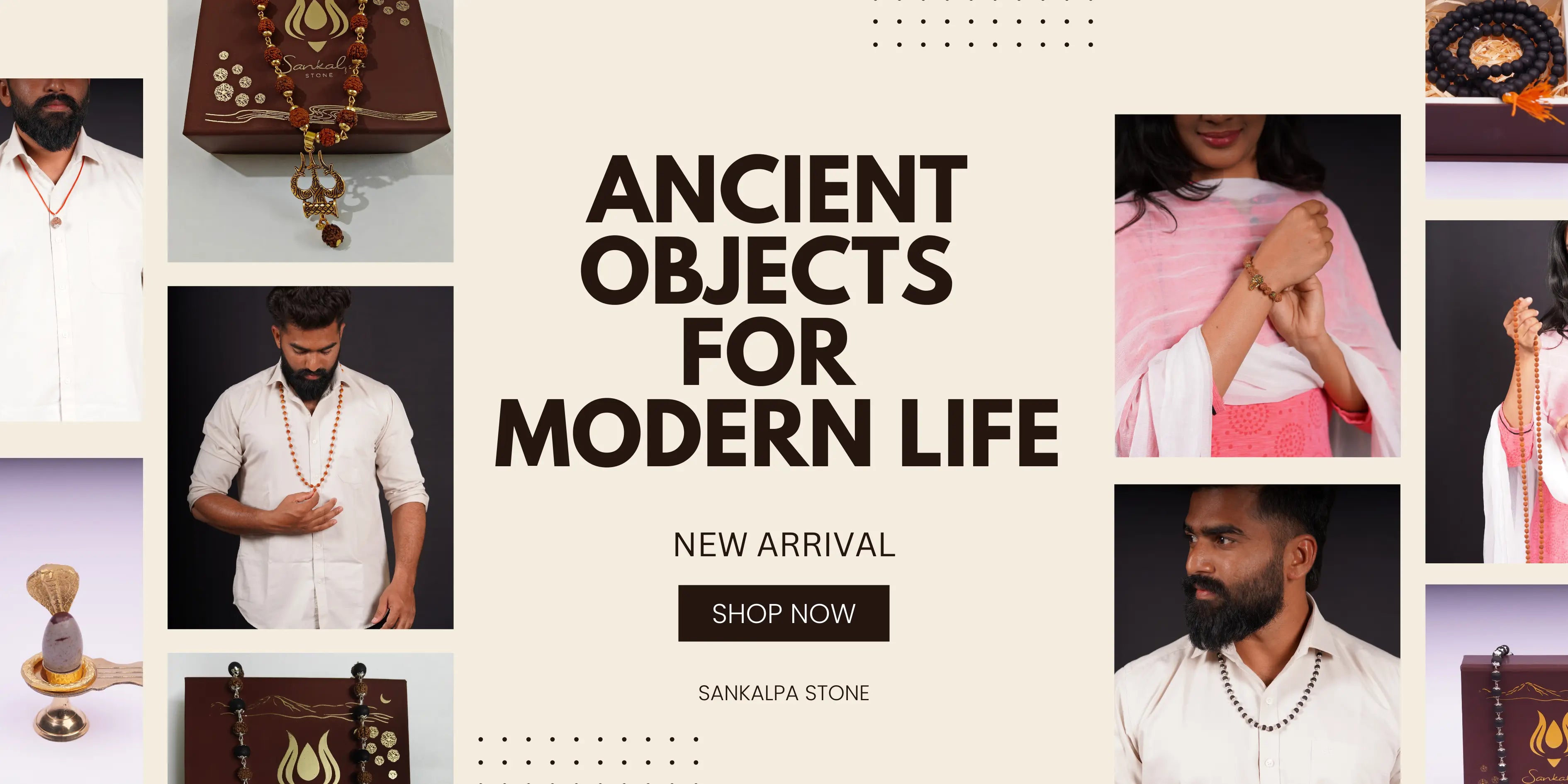 Collage of men and women wearing gemstone and rudraksha mala beads, spiritual jewelry.