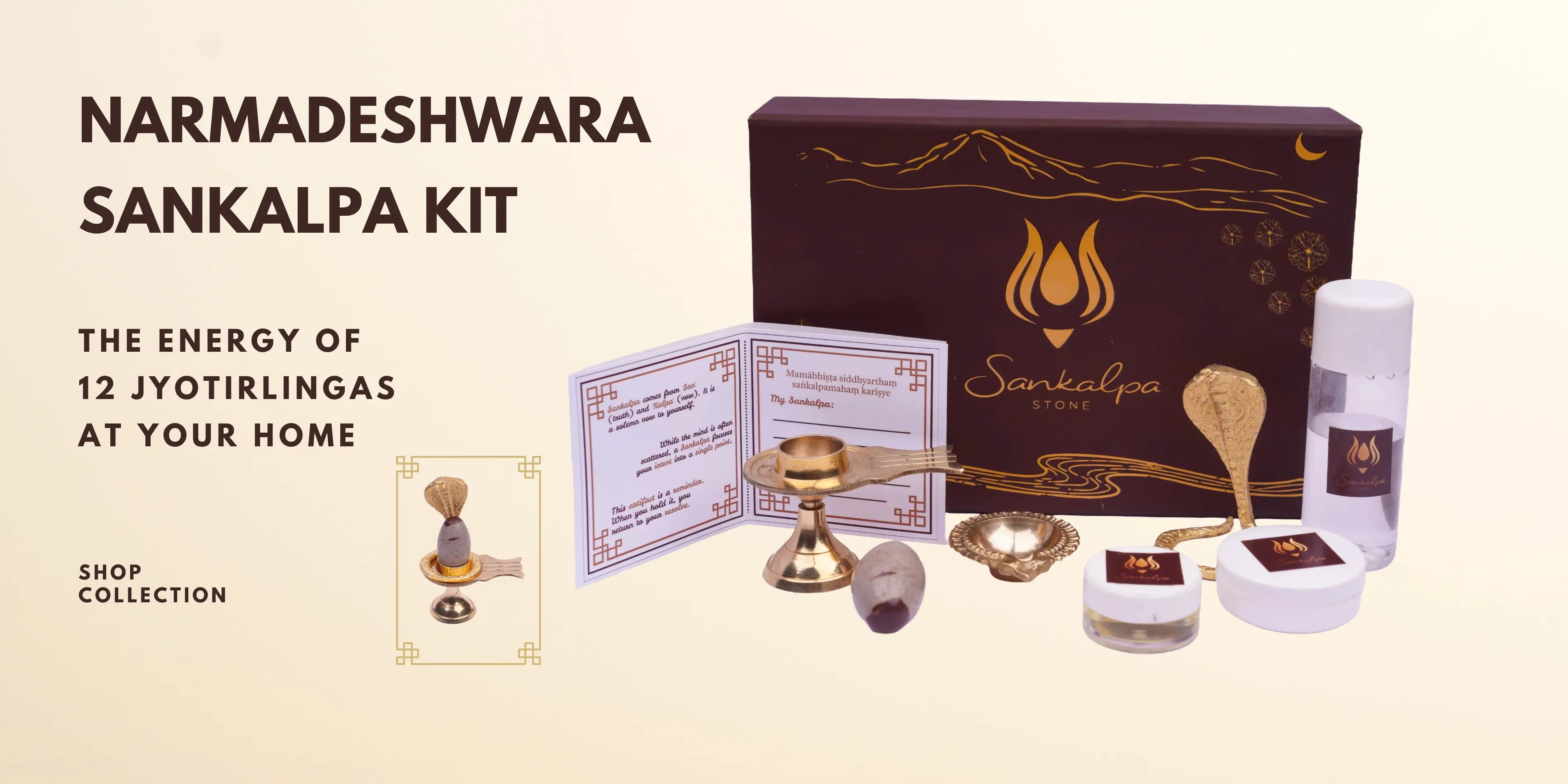 Narmadeshwara Sankalpa kit with stone, brass accessories, booklet, and containers on display