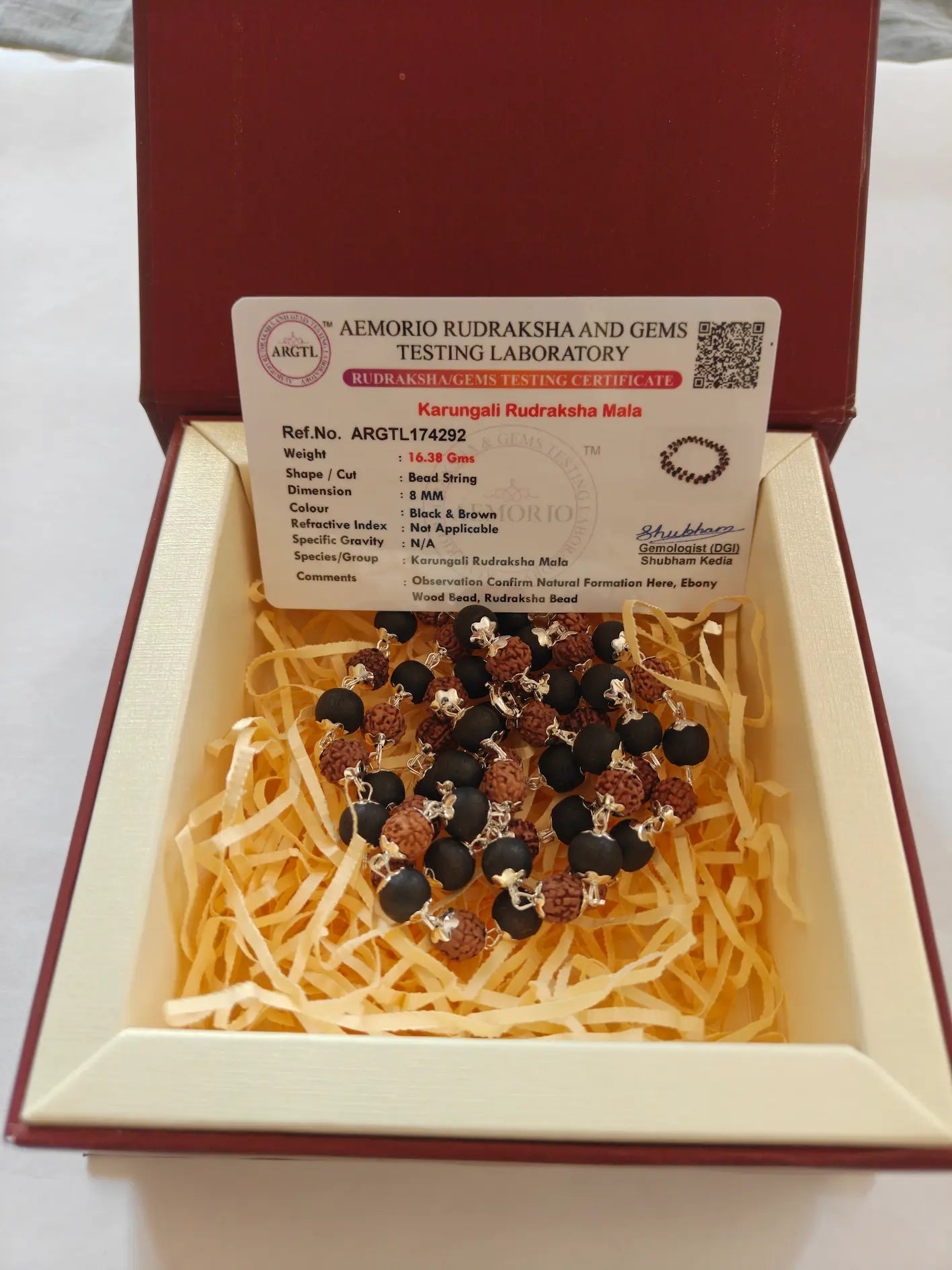 Lab certified Rudraksha and Karungali mala inside Sankalpa Stone keepsake box