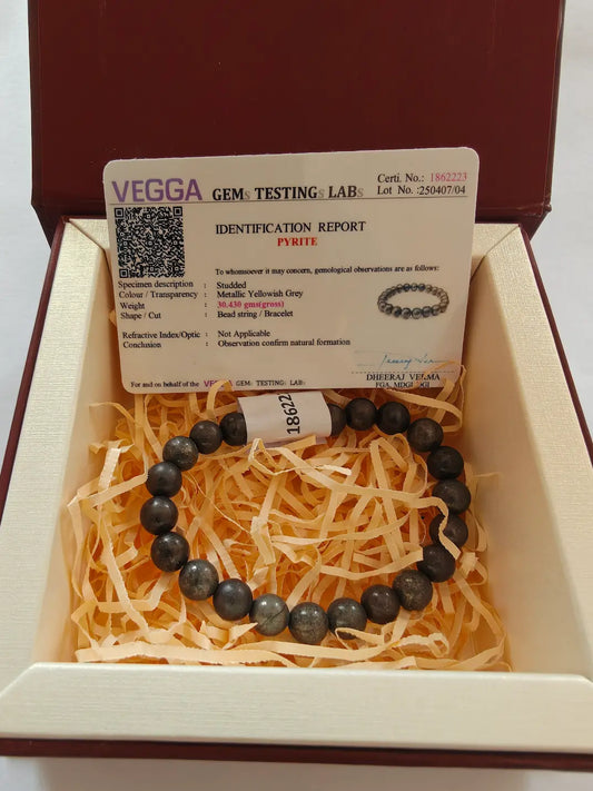 Lab certified raw pyrite bracelet inside Sankalpa Stone keepsake box