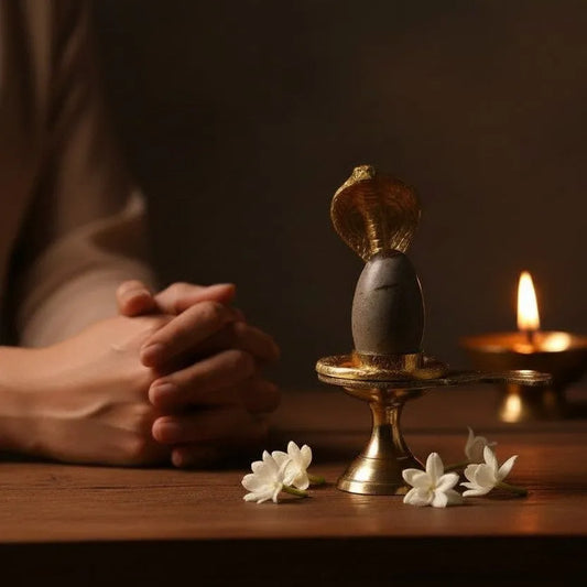 Narmadeshwara Shivling on a Shakti base and a diya