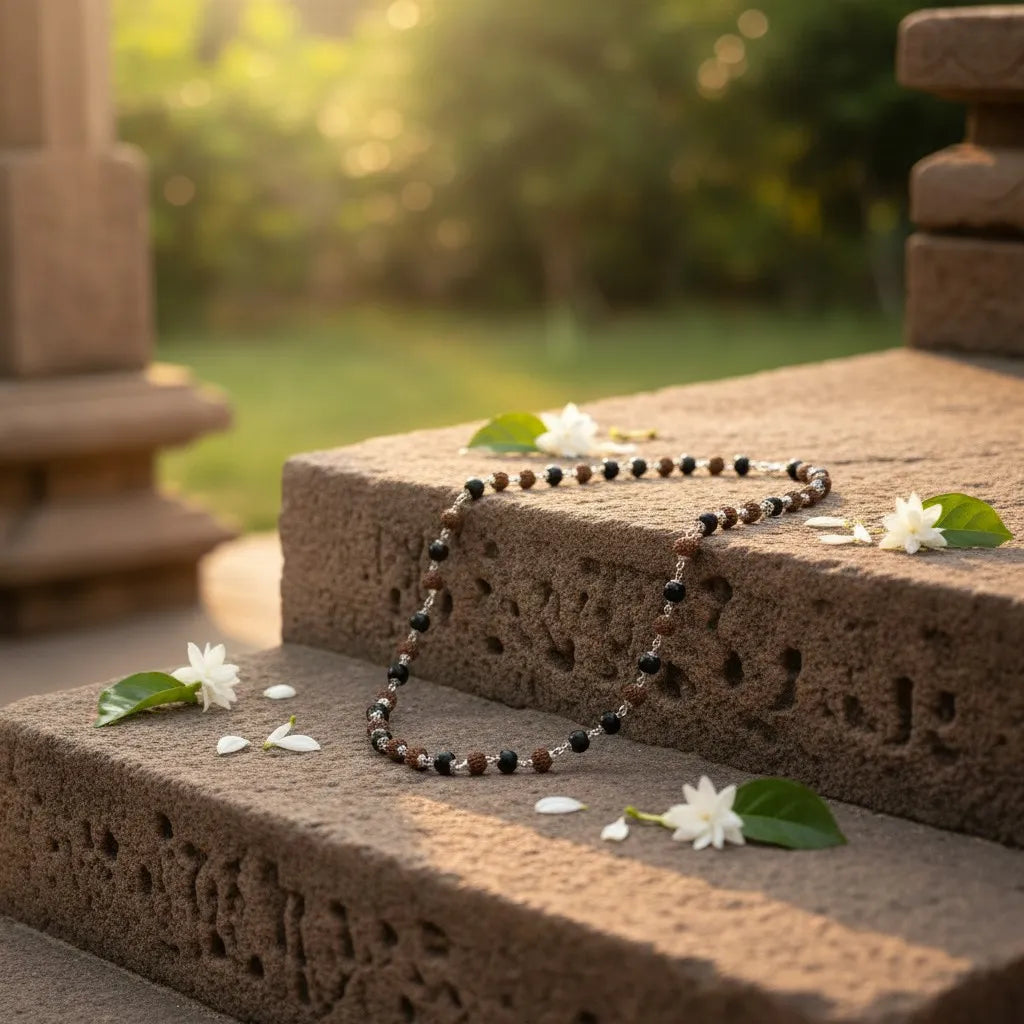  Dwanda mala alternating Rudraksha and Karungali ebony beads on temple steps