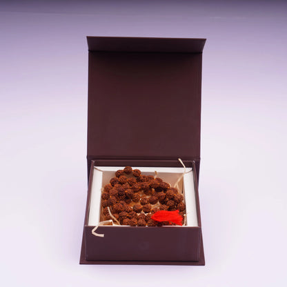 Rudraksha mala prayer beads with red tassel displayed in an open gift box