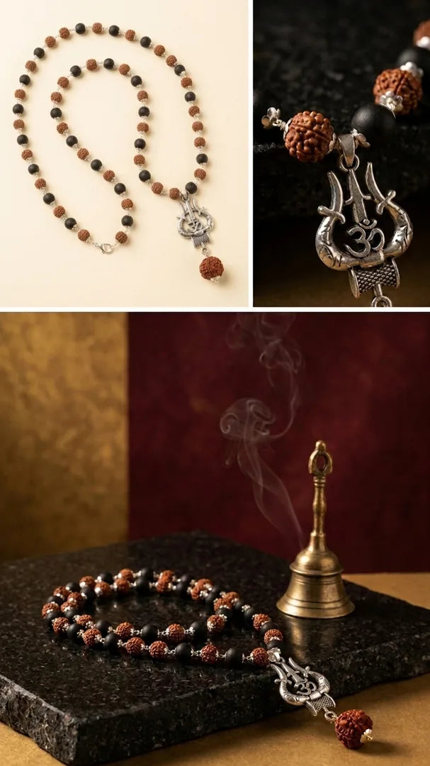 Rudraksha and Karungali mala with Trishul pendant