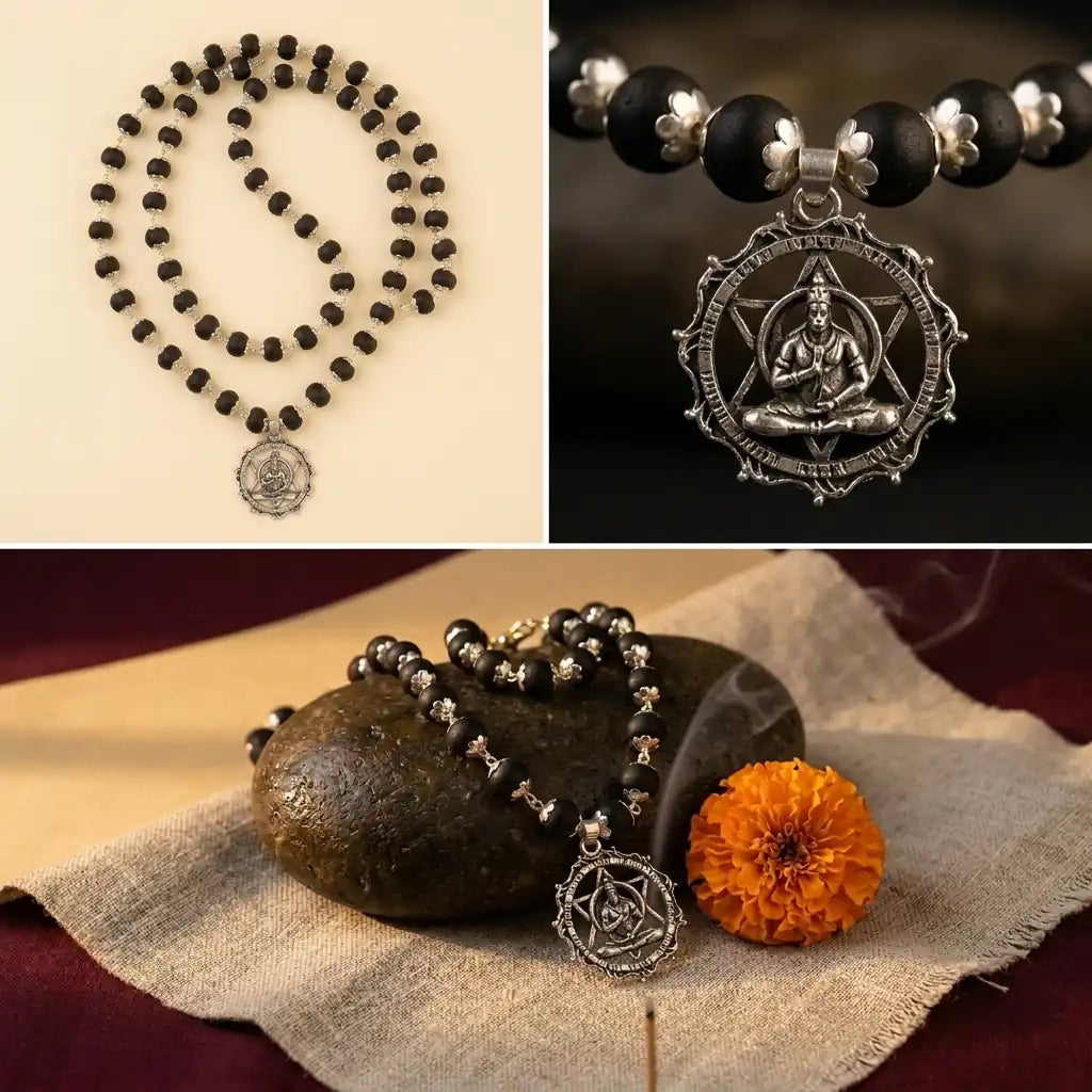 Hanuman Ji pendant with Karungali silver-caps mala
