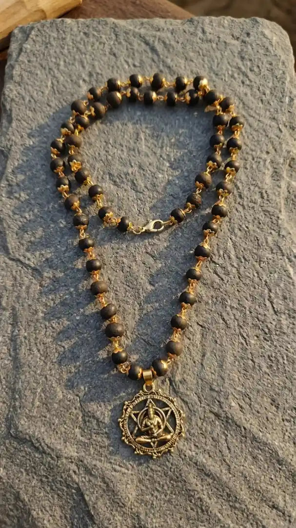 Meditating Hanuman Ji pendant with Karungali brass-caps mala
