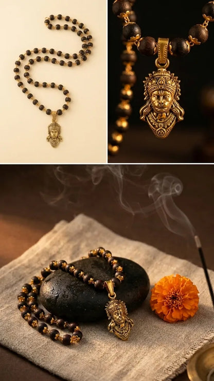 Hanuman Ji pendant with Karungali brass-caps mala
