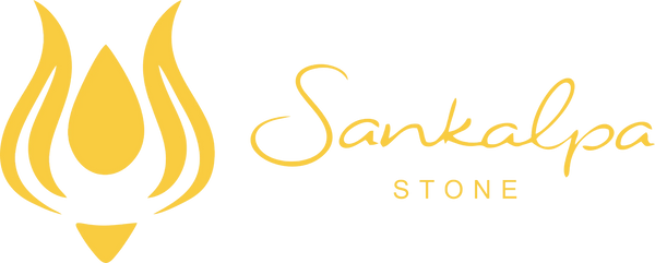 Yellow lotus-inspired Sankalpa Stone logo with modern script on a black background