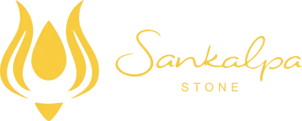 Yellow lotus flower logo with cursive text and horizontal lines, stone store branding