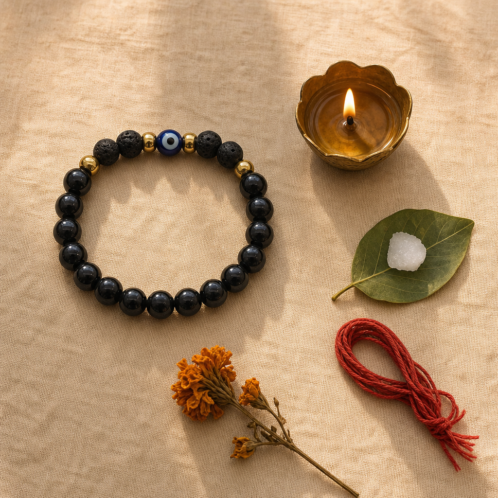 Nazar Kavach Bracelet — Styled flat lay