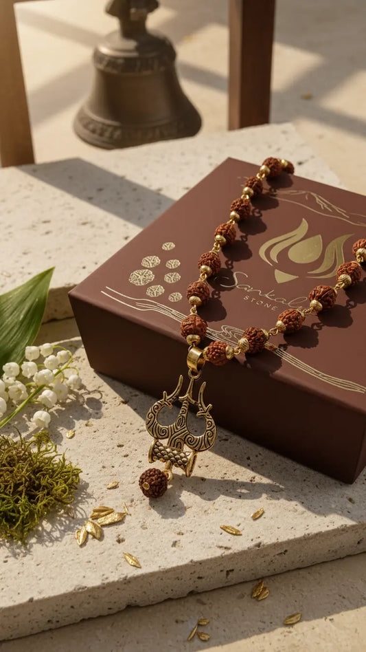 5 Mukhi Rudraksha Mala Trishul Edition on sankalpa stone keep sake box