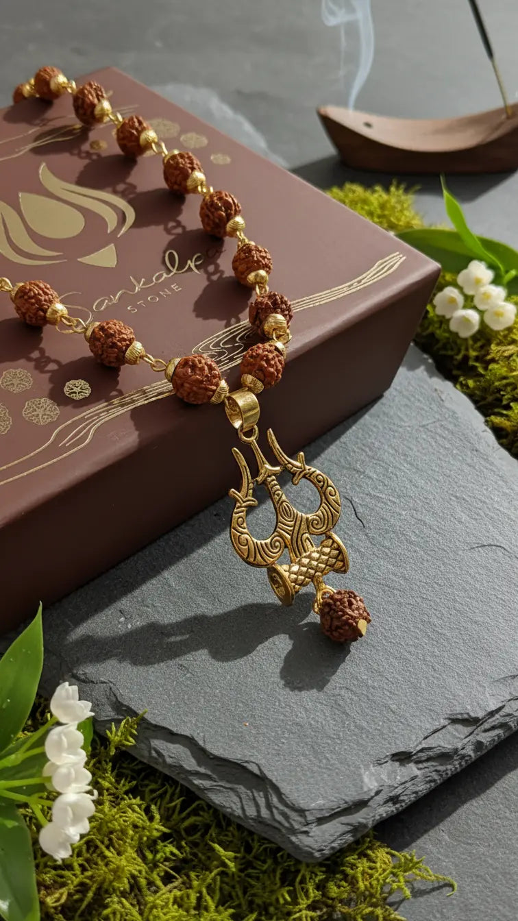 5 Mukhi Rudraksha Mala Trishul Edition on Sankalpa Stone Keep Sake box