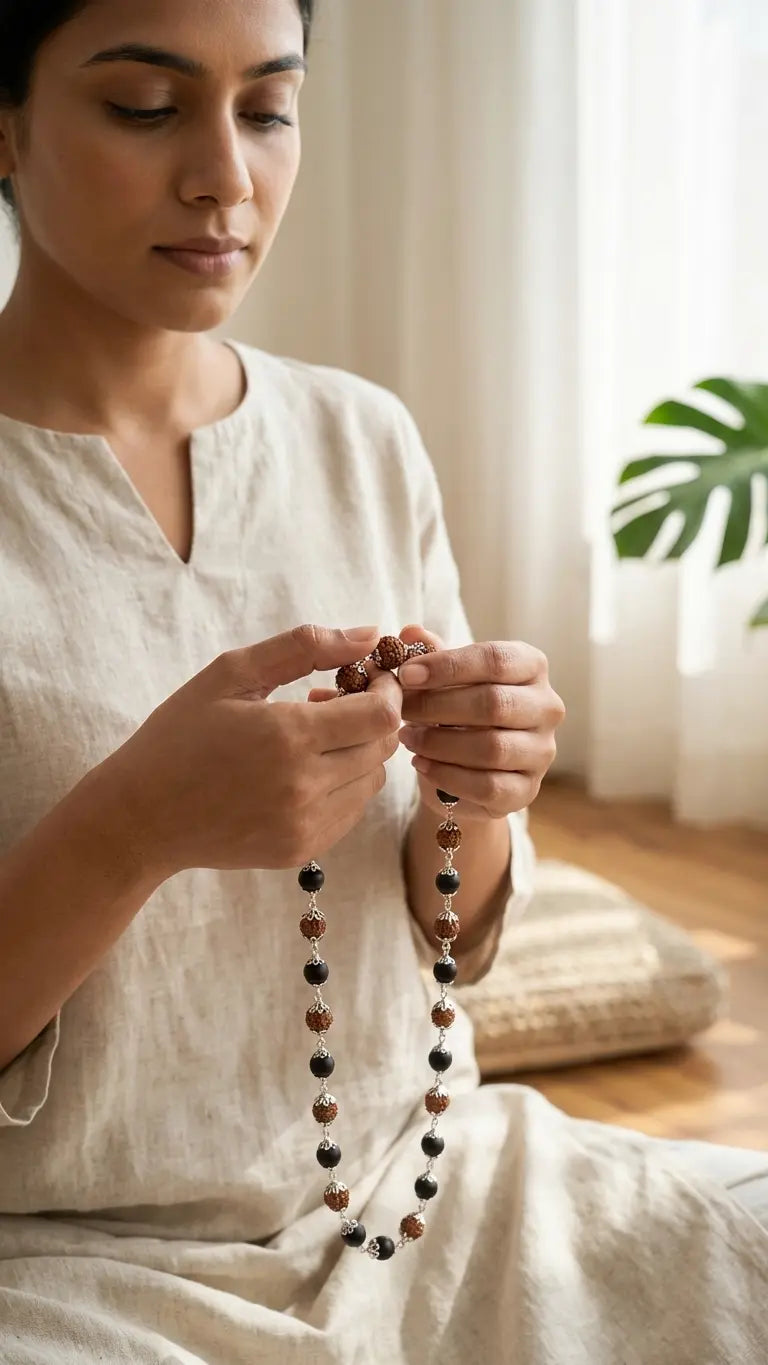 Close-up of Dwanda mala showing rough Rudraksha and smooth black Karungali bead alternation